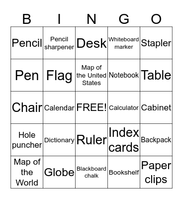 Classroom objects Bingo Card