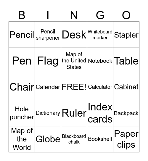 Classroom objects Bingo Card