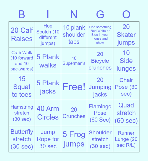 Phys ED Bingo Card