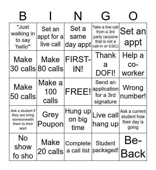 Admissions Bingo Card