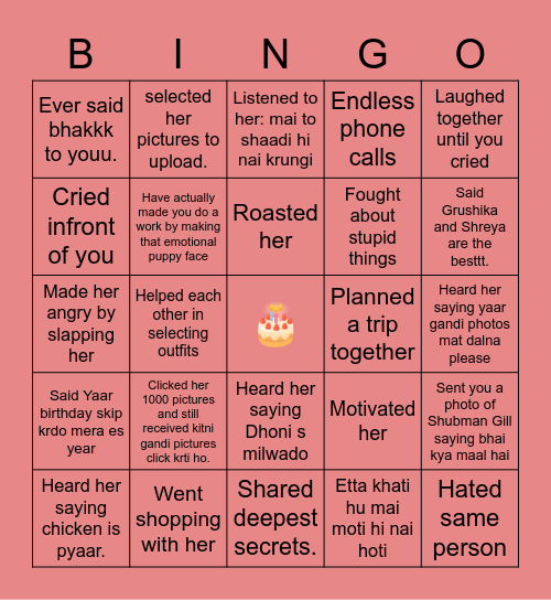 Srishh's Birthday Bingo Card