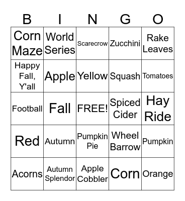Harvest Bingo Card