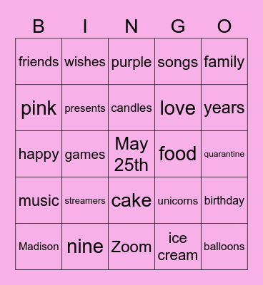 Madison's 9th birthday Bingo Card