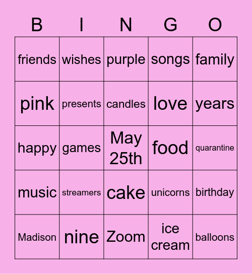 Madison's 9th birthday Bingo Card