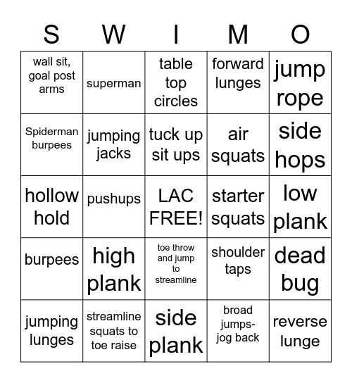 Swimo -- AGS Bingo Card