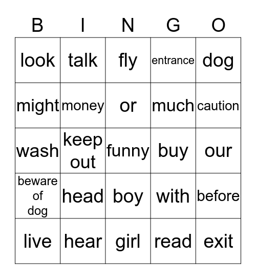 Functional Word Bingo Card