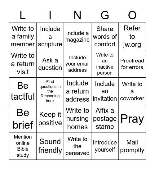 JW LINGO - Letter Writing [vss] Bingo Card