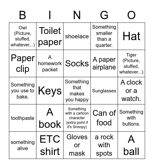 Scavenger hunt Bingo Card