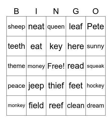 Long Vowel E Bingo Card