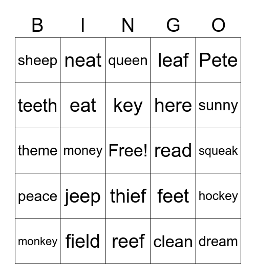 Long Vowel E Bingo Card