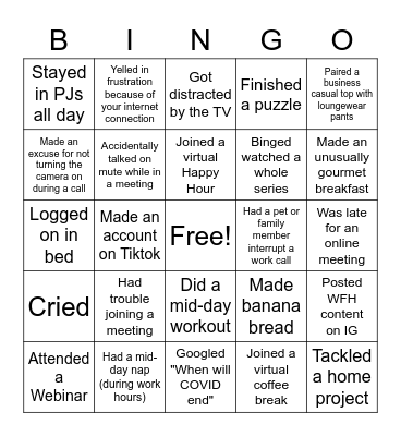 Working From Home While In Quarantine Bingo Card