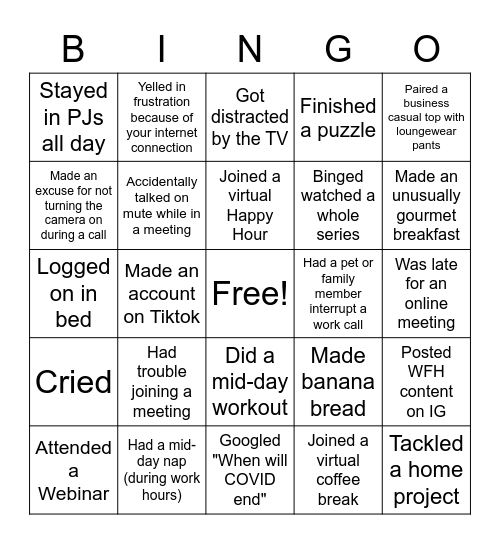Working From Home While In Quarantine Bingo Card