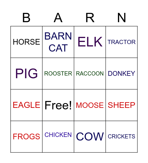 BARNYARD BINGO Card