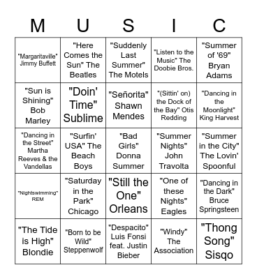 Summer Songs Bingo Card