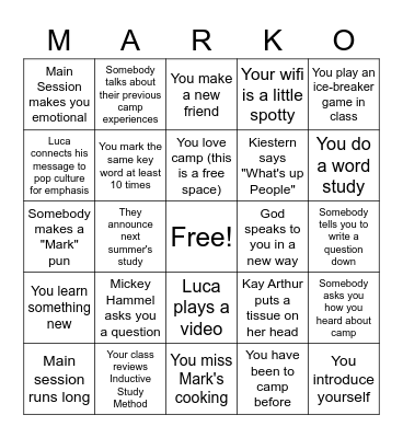 Boot Camp Bingo Card