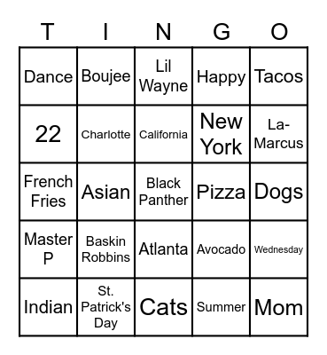 TINGO: All Things Tycie! Bingo Card