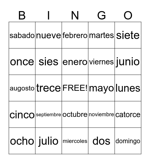 Spanish  Bingo Card