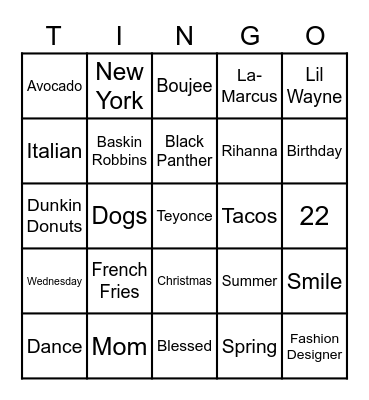 TINGO: All Things Tycie! Bingo Card