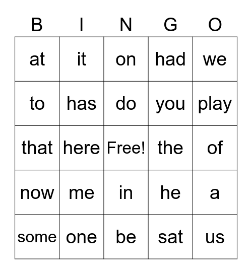 Sight Words Bingo Card