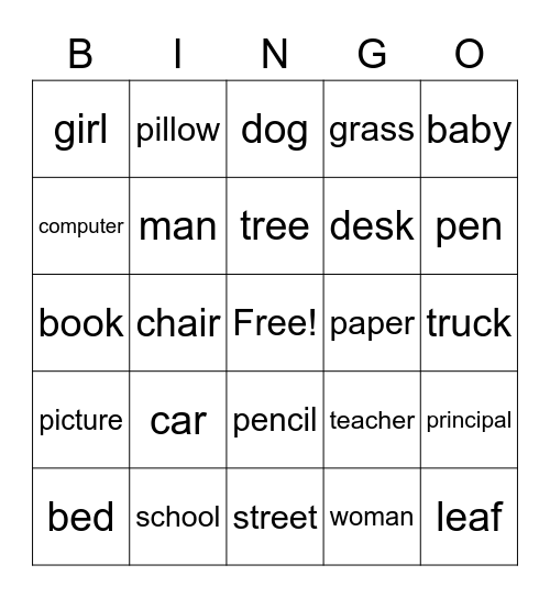 Nouns Bingo Card