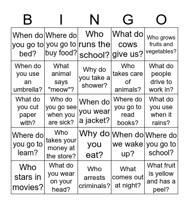 WH Questions BINGO Card