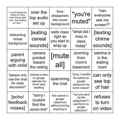 middle school zoom bingo Card
