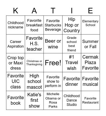 Katie's 21st Birthday Bingo Card