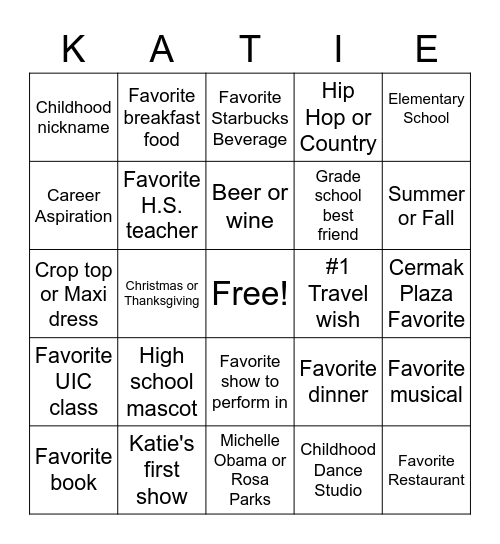 Katie's 21st Birthday Bingo Card