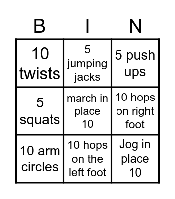 FITNESS BINGO Card