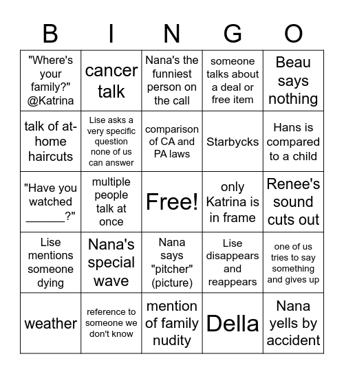 Family Call Bingo Card