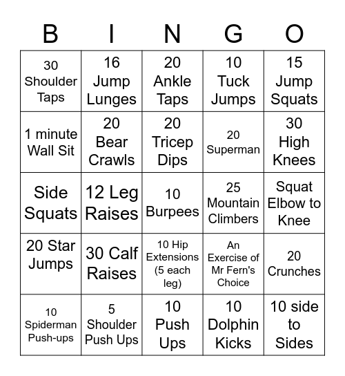 Fitness BINGO! Bingo Card