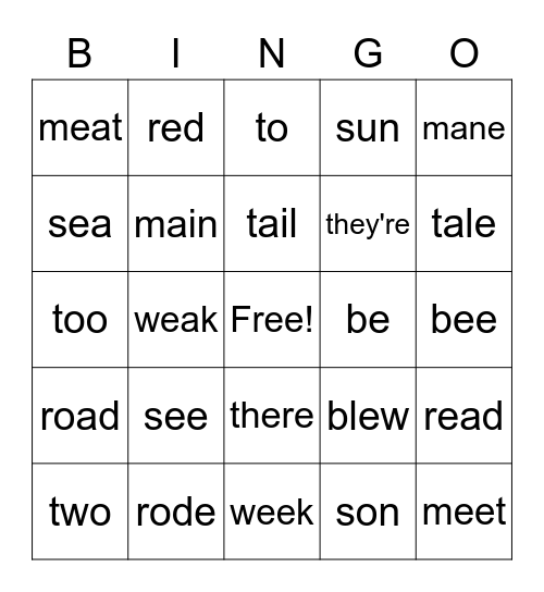 Homphones Bingo Card