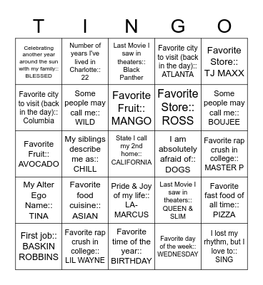 TINGO: All Things Tycie! Bingo Card