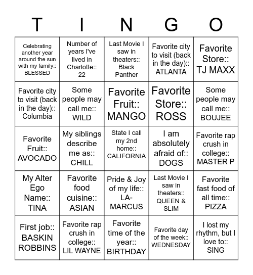 TINGO: All Things Tycie! Bingo Card