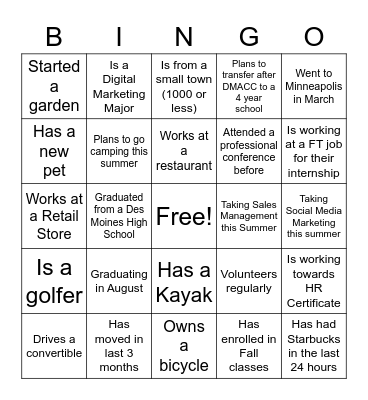 Internship Virtual Bingo Card