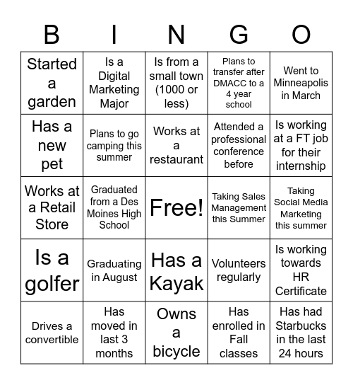 Internship Virtual Bingo Card