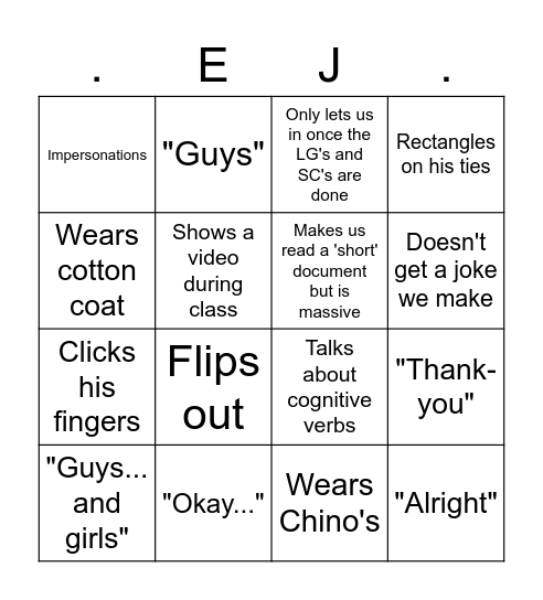 EJ Bingo Card