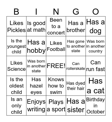 Getting to know you Bingo Card