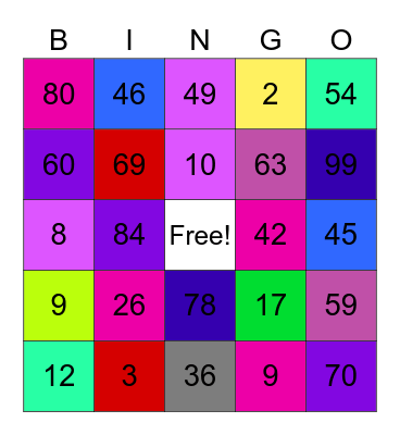 Number color Bingo Card