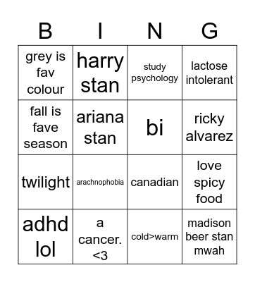 jenn Bingo Card