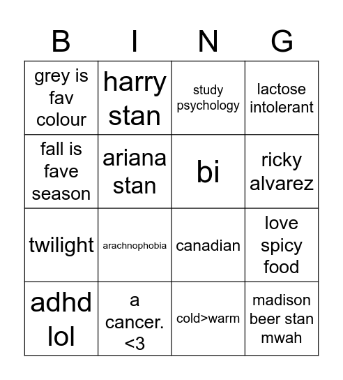 jenn Bingo Card