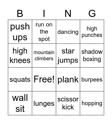 fitness bingo Card