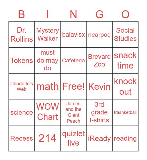 3rd grade Bingo Card