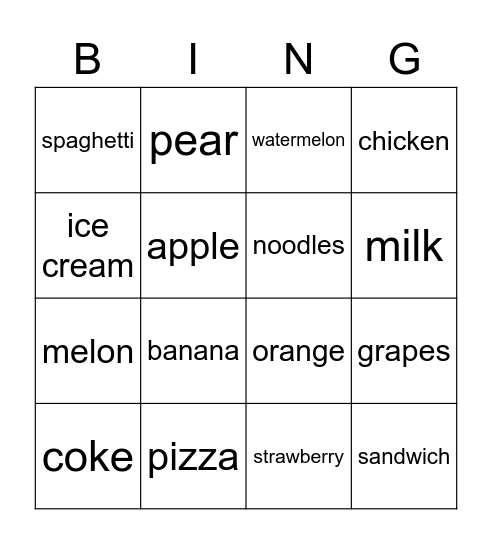 FOOD BINGO Card