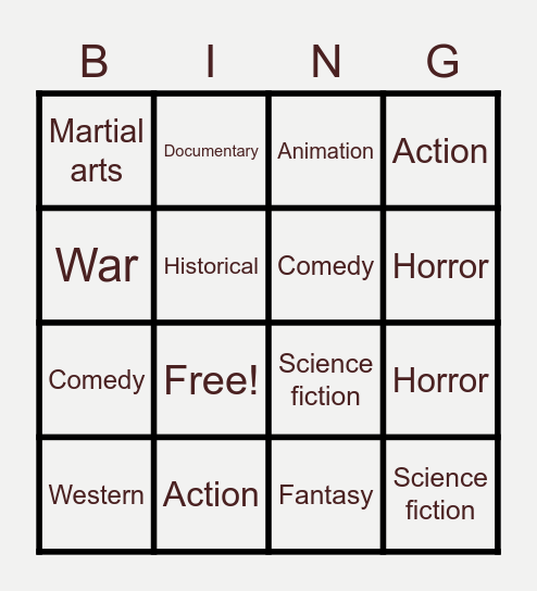 Types of movies Bingo Card