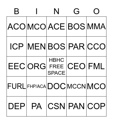 Health Care Community Bingo Card