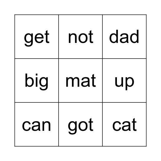 Short Words Bingo Card