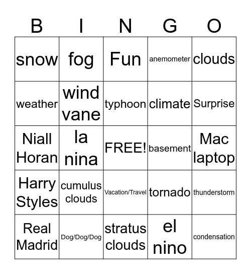 Weather Bingo Card