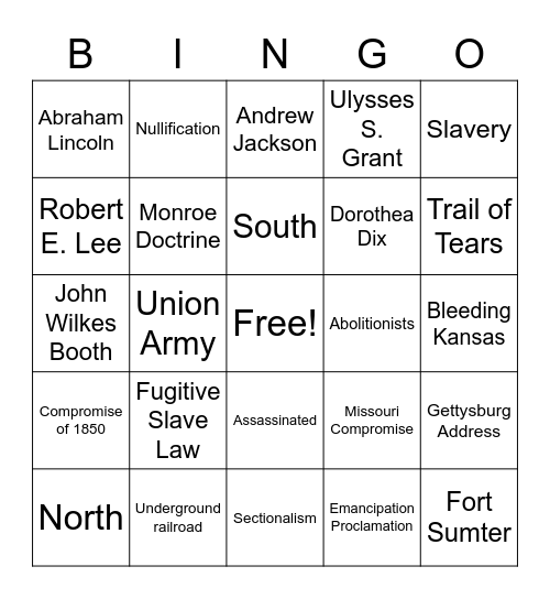 Civil War Review Bingo Card