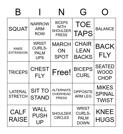 VISTA EXERCISE Bingo Card